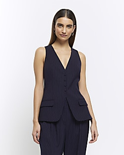 Navy Stripe Longline Waistcoat | River Island (UK & IE)