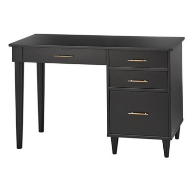 Lifestorey Ana Mid Century Modern Work Study Desk with Drawers Black: Home Office Furniture, Antique Gold Handles, MDF & Rubberwood Legs | Target