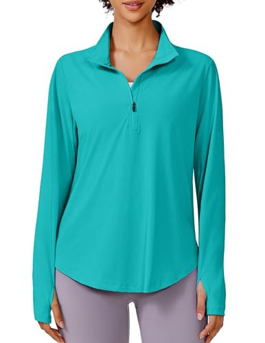 PINSPARK Long Sleeve Shirts for Women Sun Protection 1/4 Hiking Shirts Lightweight Golf Running Summer Top,Turquoise M | Amazon (US)