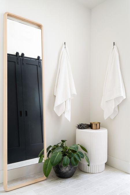 We utilized the corner in this bathroom with towel hooks, wall length mirror, side table and accessorized with a plant. 

#bathroom #bathroomdecor #interiordesign, #homedecor 

#LTKunder100 #LTKhome #LTKSeasonal