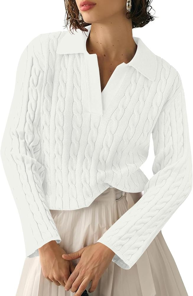 Saodimallsu Womens Cable Knit V Neck Sweater Fall Trendy Collared Long Sleeve Slouchy Loose Pullo... | Amazon (US)
