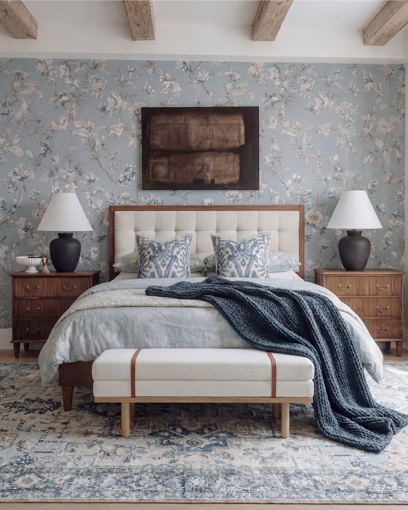 Bedroom Refresh : Shop The Look.
* Bedroom upholstered bench 
* Blue throw blanket 
* Blue traditional rug 
* Dark wood oak nightstand 
* Black vase 
* Bedroom decor 
* White decor bowl 
* Blue wall paper
* Wall art

#LTKsale #LTKhome #LTKstyletip