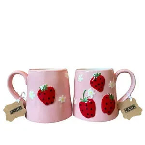 Lang Hand Painted RED STRAWBERRY Pink Ceramic Coffee Tea Mugs Set of 2 New | Poshmark