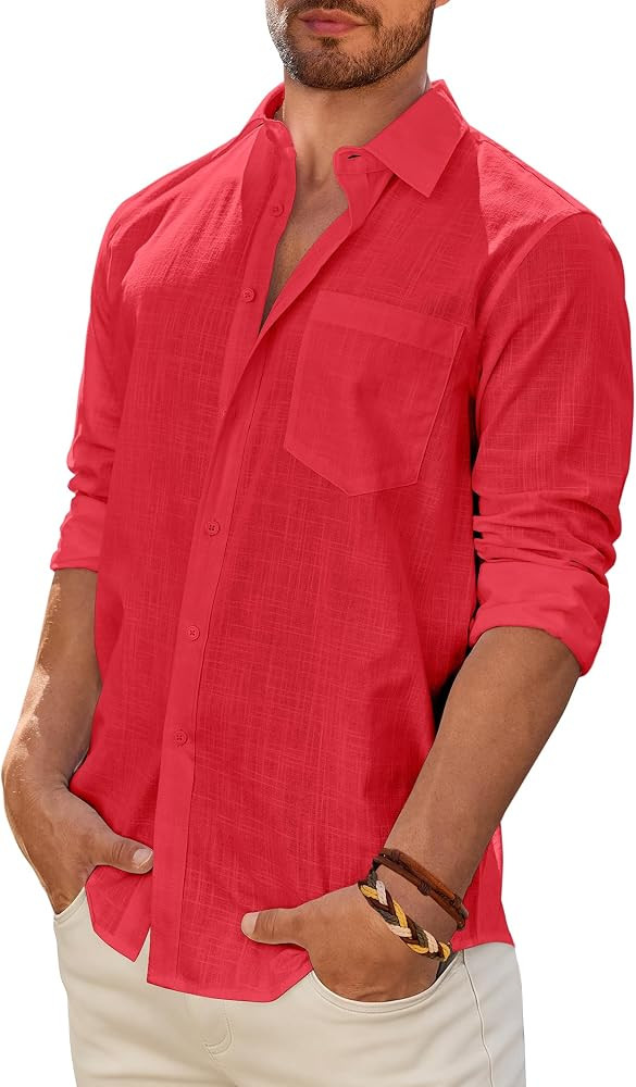 Mens Cotton Linen Textured Shirt Long Sleeve Button Down Shirt Summer Beach | Amazon (US)