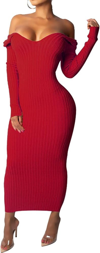 Sexy Bodycon Sweater Maxi Dress for Women Off Shoulder Long Sleeve Knitted Slim Fit Cocktail Part... | Amazon (US)