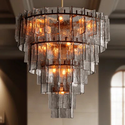 Gold Tiered Glass Chandelier, Large Modern Pendant Lighting With E26 Sockets, Adjustable Rod, Clear Textured Glass Panels, LED Bulbs Included For Dini | Wayfair North America