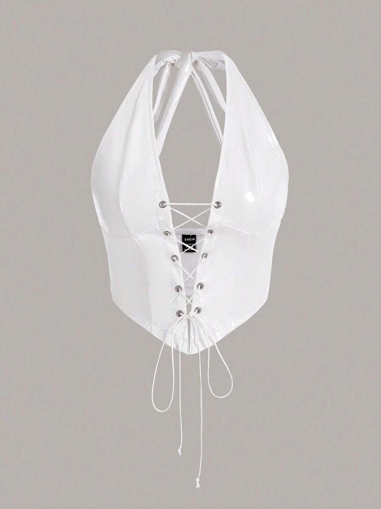 SHEIN ICON Lace Up Front Halter White Top | SHEIN