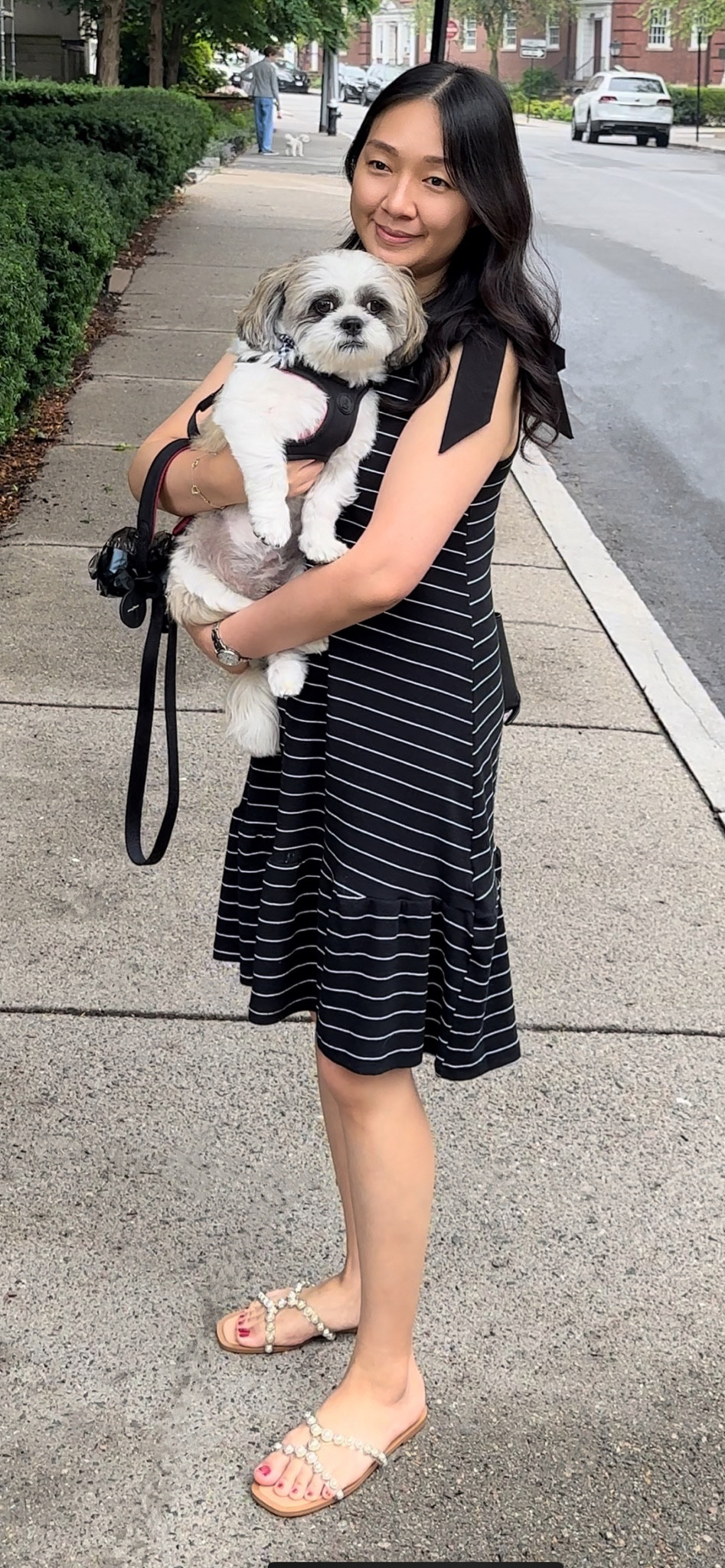 My $16.98 striped dress has bow ties on both shoulders and it's available in 4 colors. #sponsored @walmart I took size XS and I'm 5' 2.5" and 117 pounds. It's a looser fit on me so I plan to try and shrink it a little in the dryer. 

Fun Fact: As a dog owner on the neighborhood I often bump into the lady in the background but I only know her dog's name. 😆

Shih Tzu Dog mom 

#LTKSeasonal #LTKunder50 #LTKunder100