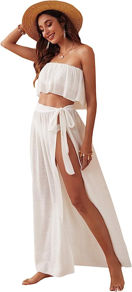 Floerns Women's 2 Piece Bandeau Top and Beach Cover Up Skirt Set Swimwear | Amazon (US)