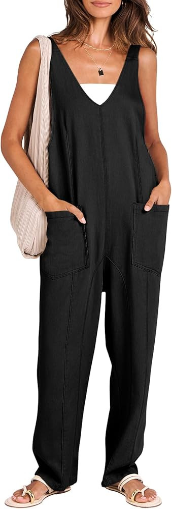 ANRABESS Women Denim Overalls Sleeveless V Neck Casual Jean Pants Jumpsuits Loose Baggy Jumper Fa... | Amazon (US)