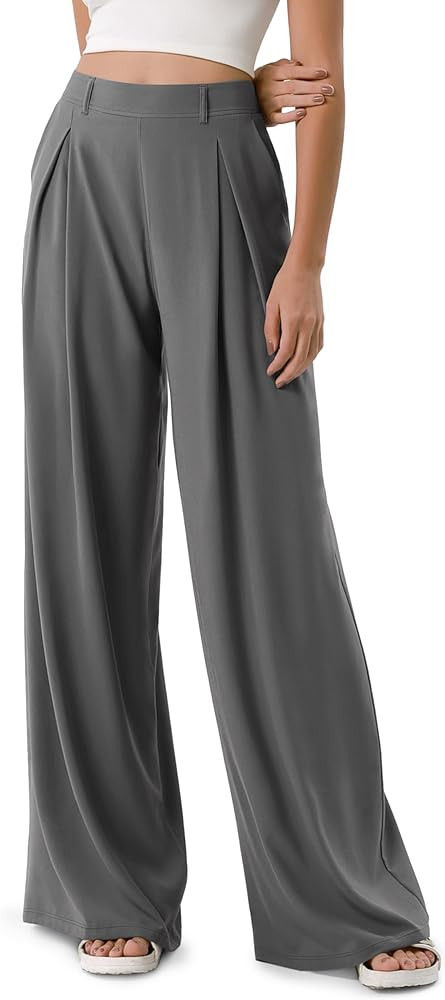ODODOS Chiffon Flowy Pleated Wide Leg Pants for Women Lightweight High Waist Trouser with Pockets... | Amazon (US)