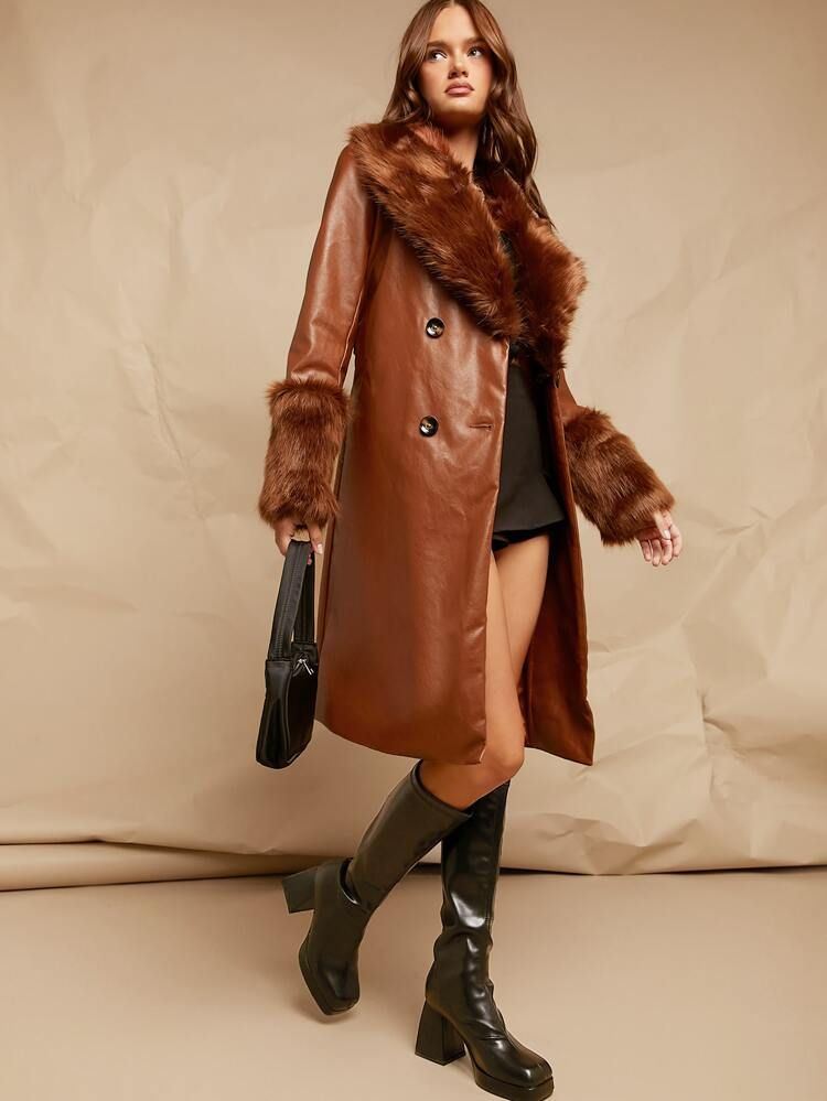 SHEIN BAE Fuzzy Collar & Cuff PU Leather Pea Coat | SHEIN