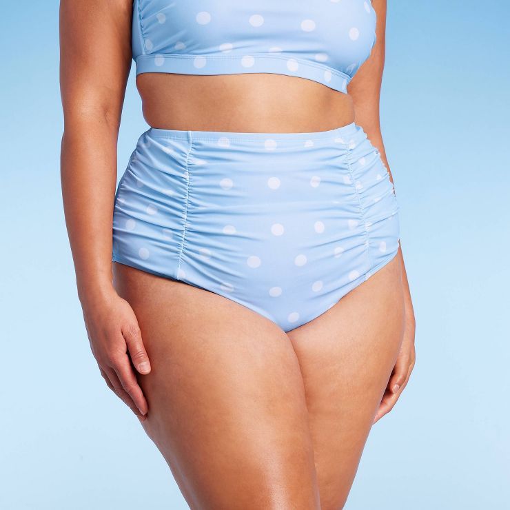 Women's Polka Dot Ruched Extra High Waist Medium Coverage Bikini Bottom - Kona Sol™ Blue | Target