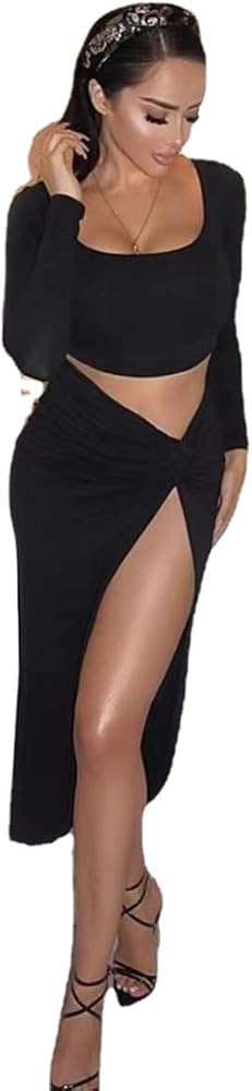 Sexy Hollow Out High Split Maxi Dress for Women Robe Autumn Full Sleeve Ruched Club Party Long Dr... | Amazon (US)