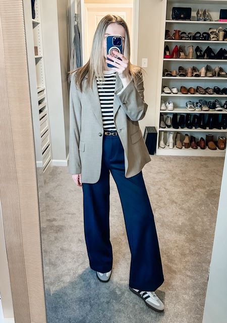 wearing a small in the blazer / a small in the striped sweater top (from h&m, but available in-store only) / adidas sambas / black wide leg trousers / business casual / office outfits / capsule wardrobe / spring basics 

#LTKfindsunder50 #LTKstyletip #LTKshoecrush