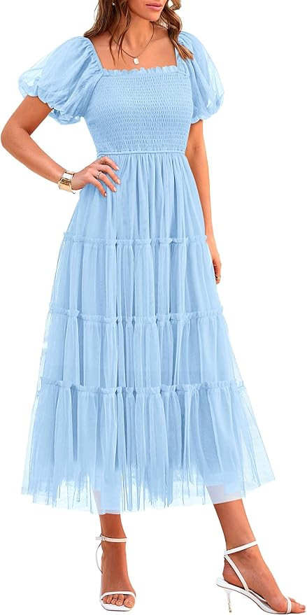 PRETTYGARDEN Women's Smocked Midi Tulle Dress 2026 Summer Puffy Short Sleeve Square Neck Ruffle W... | Amazon (US)