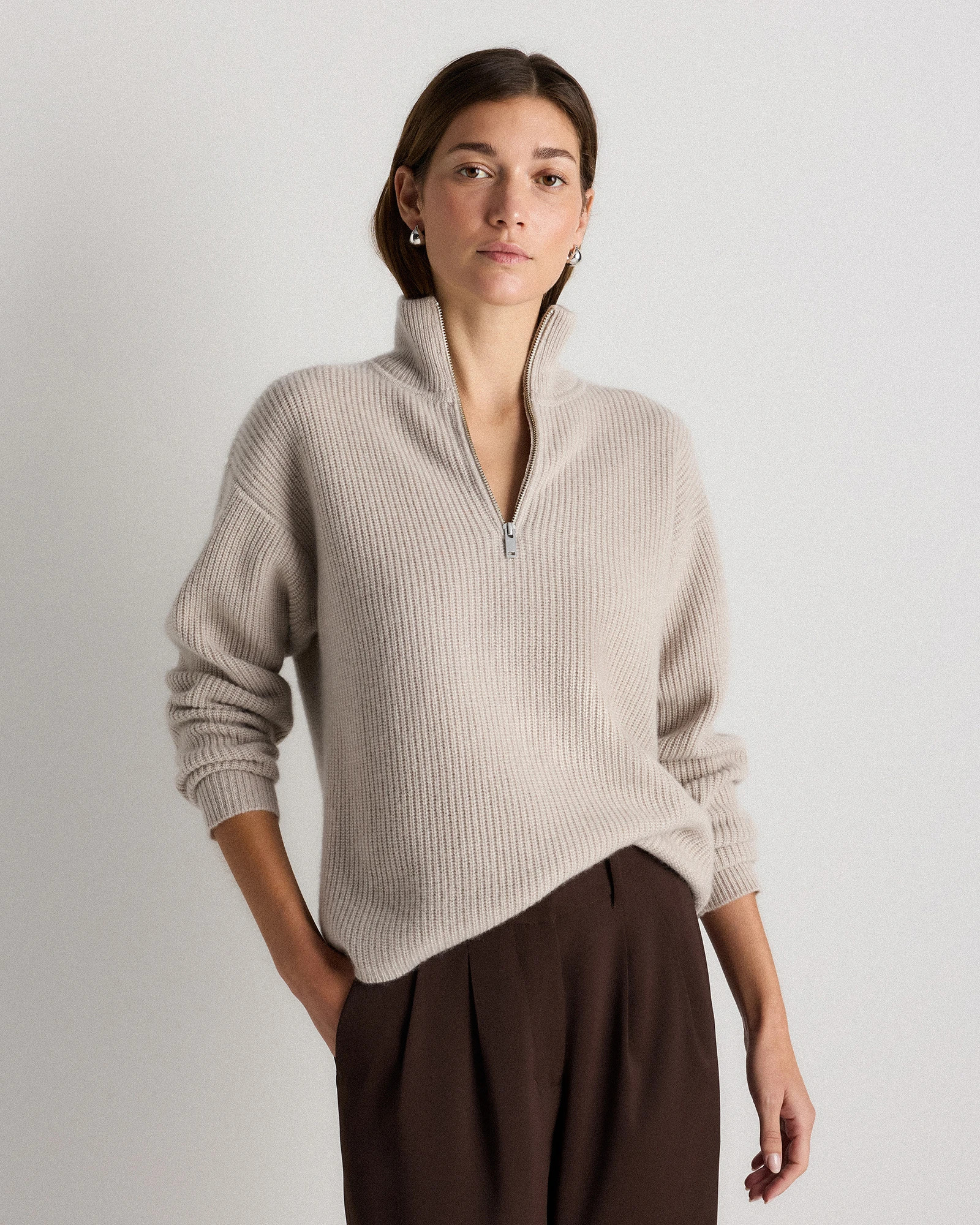Quince | Women's Mongolian Cashmere Fisherman Quarter Zip Sweater in Ivory, Size Large | Quince