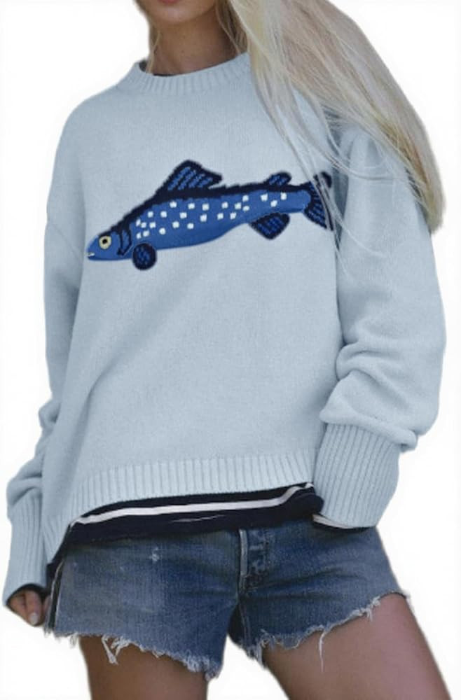 CHARTOU Women Fashion Crew Neck Rib Knit Crucian Carp Graphic Oversized Y2k Pullover Sweater Jump... | Amazon (US)
