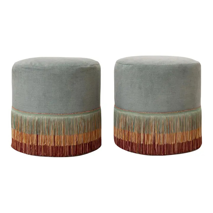 Custom Fringe Ottomans - A Pair | Chairish