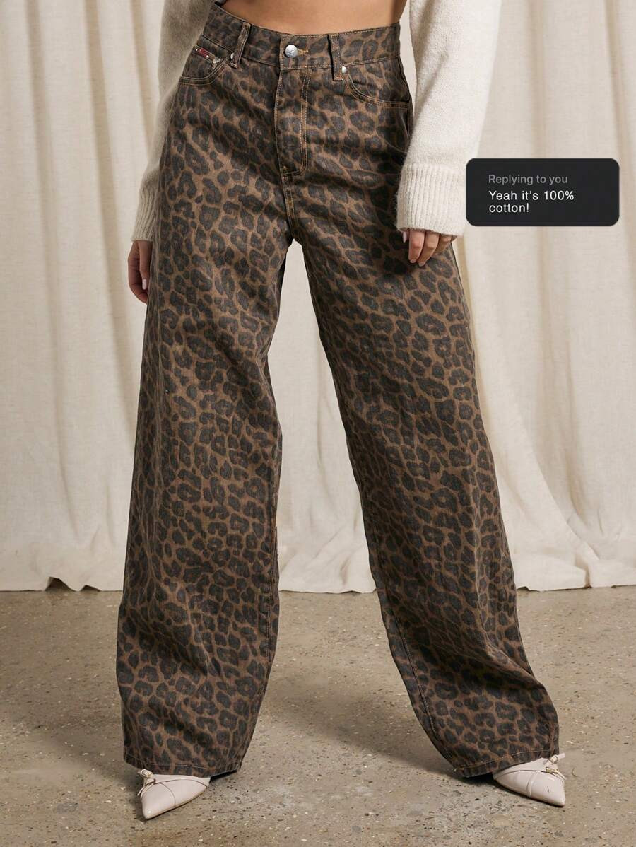AiiRZ Leopard Print Wide Leg Jeans High Waisted Animal Print Denim Pants Retro Y2K Fashion Statem... | SHEIN