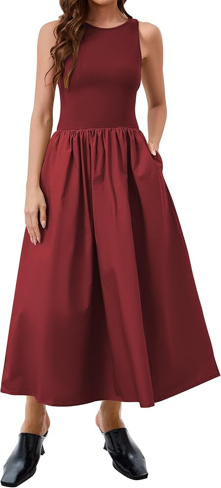 Summer Casual Sleeveless Maxi Dress for Women Patchwork Crewneck Flowy Tank Top Long Dresses with... | Amazon (US)