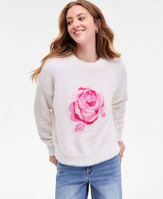 Juniors' Rose-Print Eyelash-Texture Sweater | Macy's