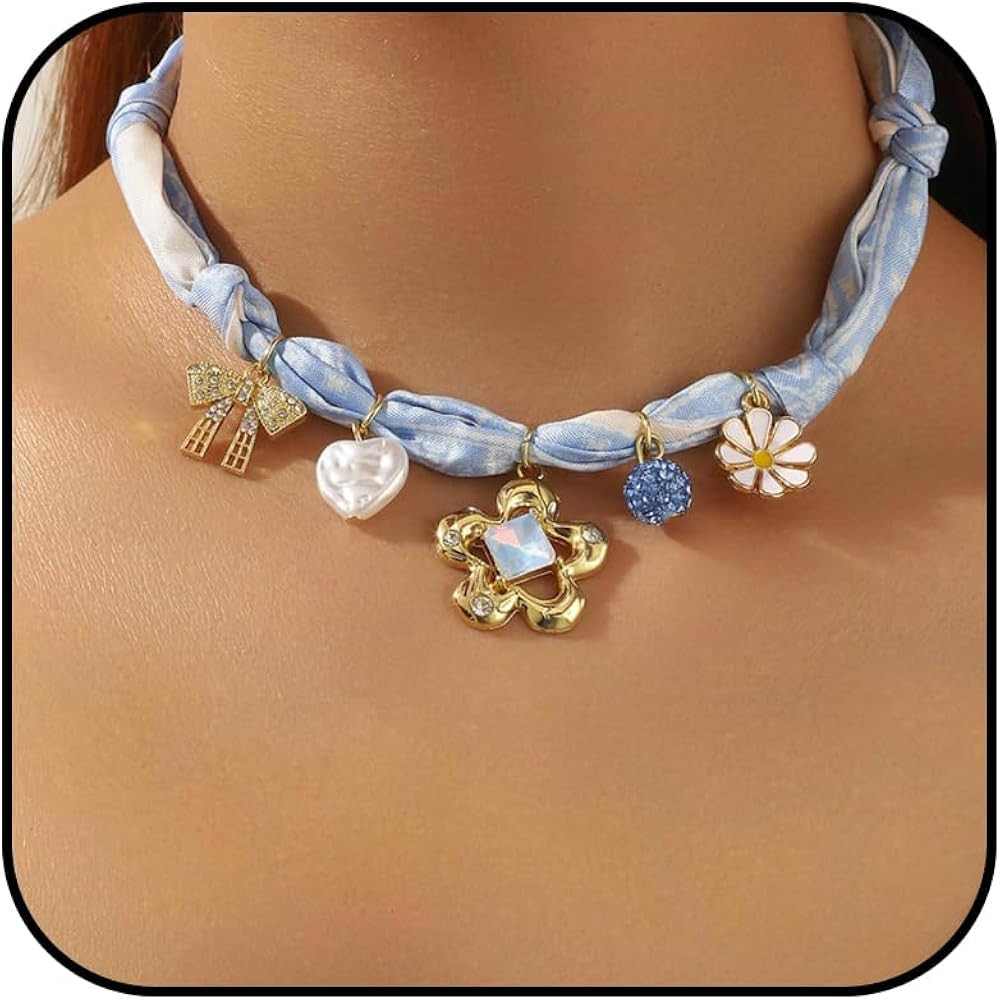 Scarf Necklace with Charm Puffy Heart Bow Flower Charms Bandana Necklace Emerald Necklaces Jewelr... | Amazon (US)