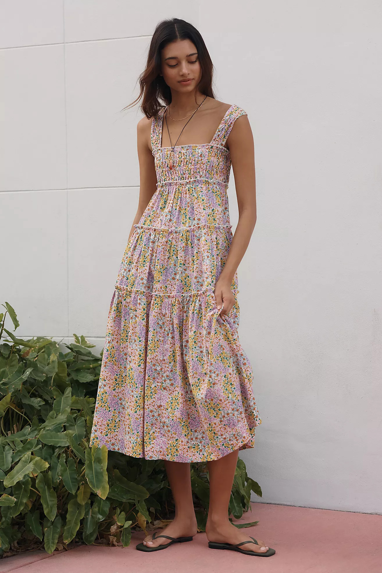 The Helena Square-Neck Smocked Tiered Midi Dress | Anthropologie (US)