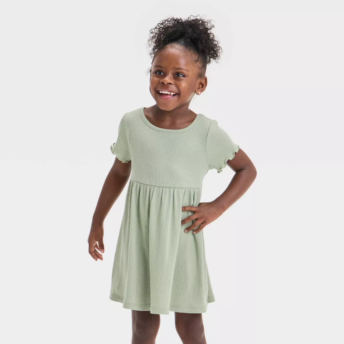 Toddler Girls' Short Sleeve Ribbed Dress - Cat & Jack™ Olive Green 5T: A-Line, Crew Neck | Target
