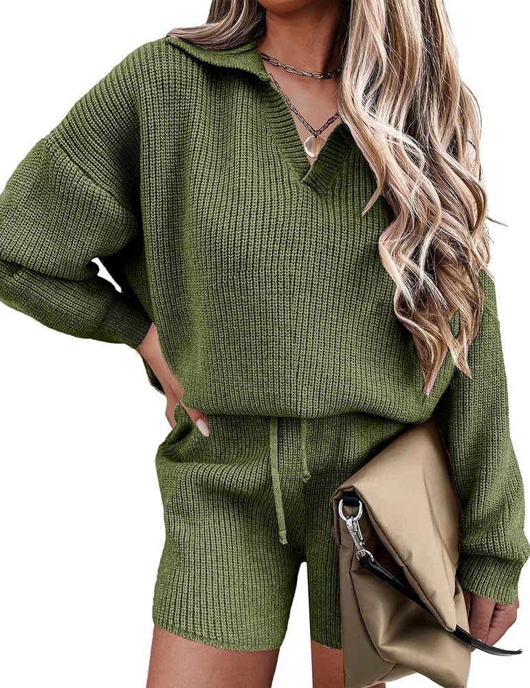 Ekoauer Women's 2 Piece Outfits Long Sleeve Knit Top and Short Pajama Sets Oversized Sweatsuit Sw... | Amazon (US)