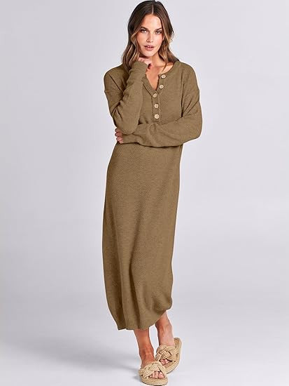 ANRABESS Women Sweater Dress Long Sleeve Button V Neck Oversized Casual Loose Fall Waffle Knit Lo... | Amazon (US)