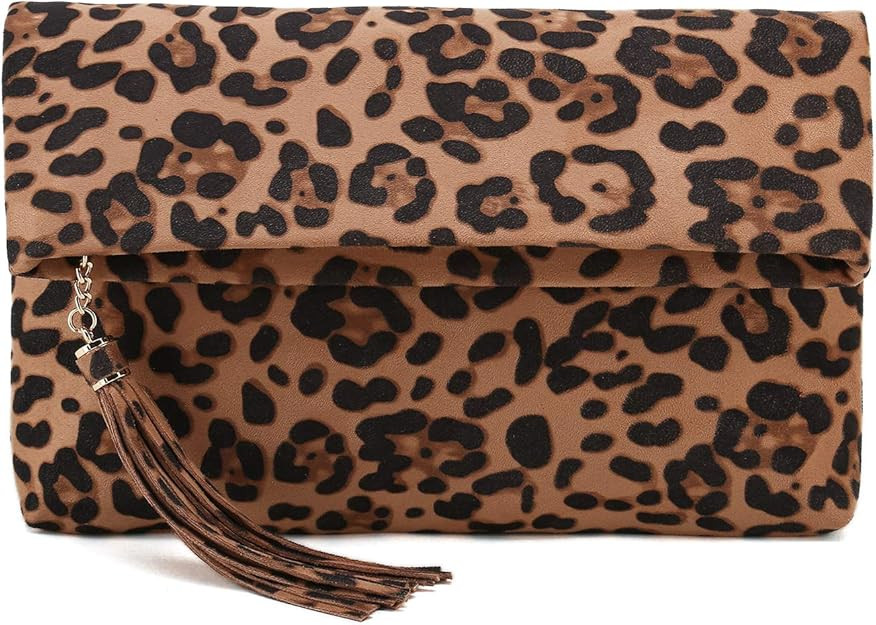 Charming Tailor Leopard Clutch Bag for Women Tassel Foldover Clutch Faux Suede Dressy Purse for D... | Amazon (US)