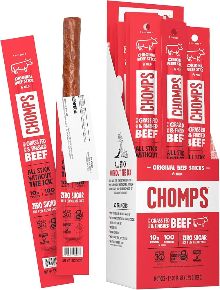 Chomps Grass-Fed and Finished Original Beef Jerky Snack Sticks 24-Pack, Keto, Paleo, Whole30, 10g... | Amazon (US)