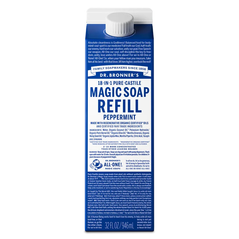 Dr. Bronner's Magic Soap - Peppermint - Pure-Castile Liquid Refill Carton - 32 oz – for face, b... | Walmart (US)