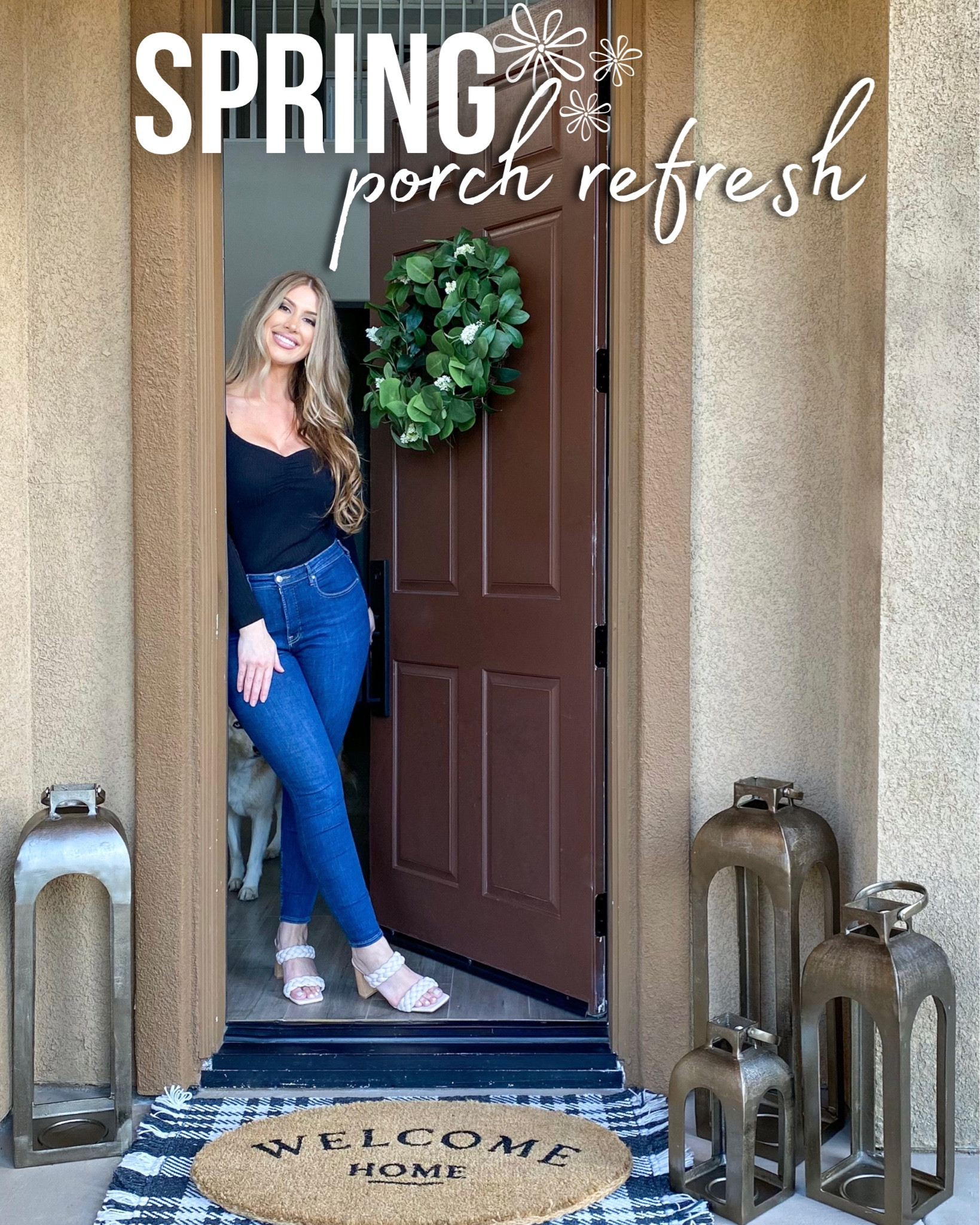 Spring front porch decor with lanterns, plaid front door rug with fringe, gorgeous oval jute door mat, & wreath all from #Target 🎯 These antique bronze lanterns are heavy duty, come in 4 sizes, and also come in black! Tallest is 29” 😍! Just shared my Spring porch refresh reel on IG @AmandaFallonHomes ☺️🌼 Come check it out!

Front porch decor. Spring decor. Gold lanterns. Spring wreath. Spring door mat. Brass lanterns. Outdoor lanterns. Outdoor decor. Target home. Studio McGee. Threshold. Black lanterns.

#LTKFind #LTKhome #LTKstyletip