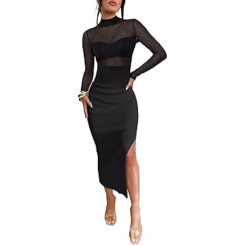 Caracilia Womens Mesh Dress Long Sleeve Mock Neck Bodycon Sheer Going Out Cocktail Night Club Mid... | Amazon (US)