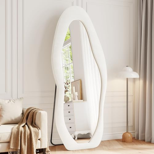 FlyEcho Full Length Mirror, 71"x30" Full Body Mirrors, Flannel Floor Mirrors with Stand, Irregular Wavy Mirror Hanging or Leaning Against Wall for Bedroom Living Room, Beige | Amazon (US)
