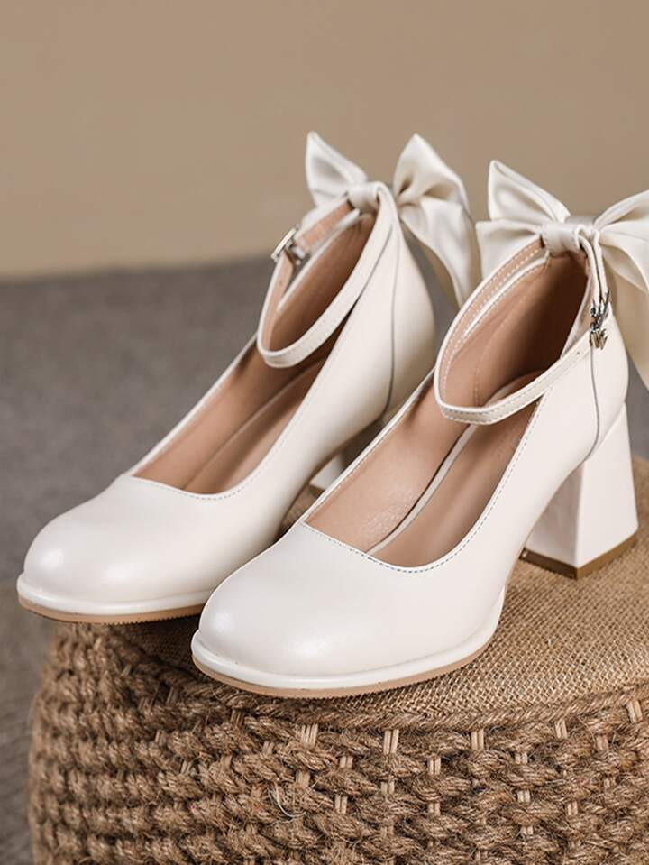 Elegant Ankle Strap Pumps For Women, Bow Decor Square Toe Chunky Heeled Pumps | SHEIN