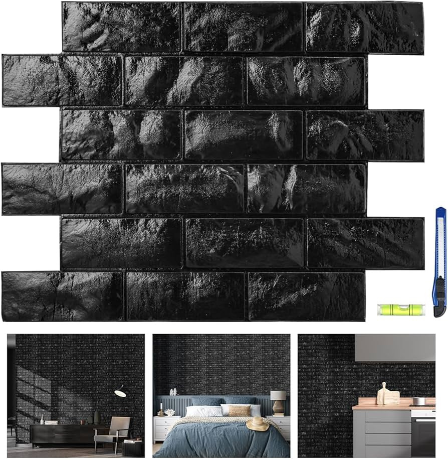 11 Pcs 3D Wall Panels, Black Brick Printable 3D Wallpaper Stick and Peel, Self Adhesive Waterproo... | Amazon (US)