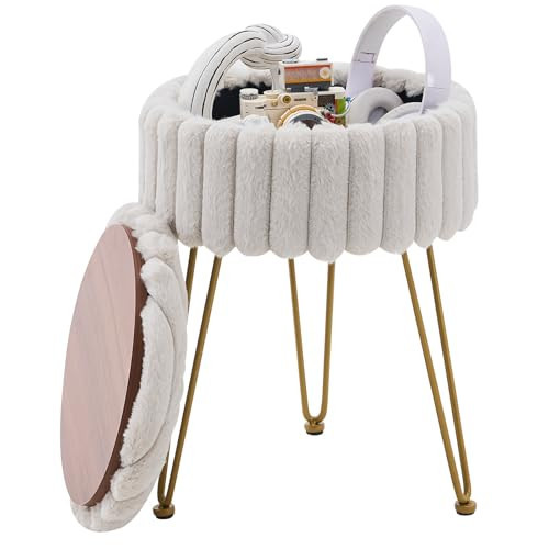 Wimarsbon Vanity Stool with Storage, Faux Fur Ottoman Chair with Metal Legs, Round Makeup Vanity Chair for Bedroom or Dressing Table, Modern Small Ottoman Seat (Light Grey) | Amazon (US)