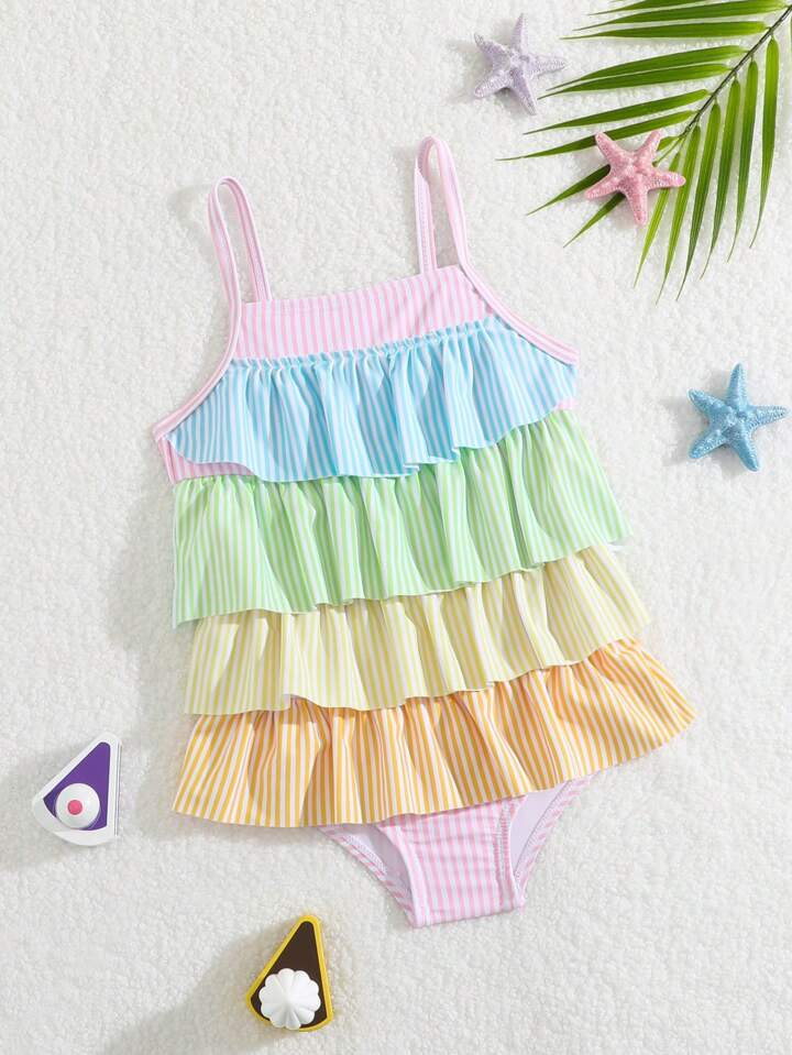 Baby Girl Striped Printed Ruffle Trimmed One-Piece Swimsuit | SHEIN