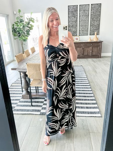 Love this palm, print maxi dress with clear heels. In the extra small. Beach vacation summer dress.

#LTKStyleTip #LTKSeasonal #LTKOver40
