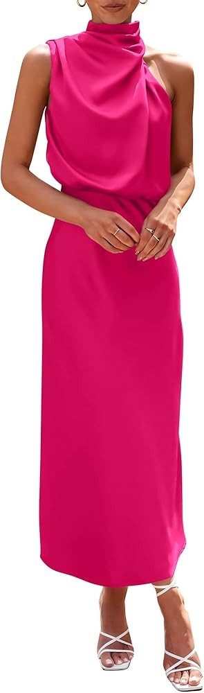 PRETTYGARDEN Women's 2024 Summer Satin Dress Elegant Sleeveless Mock Neck Cocktail Party Maxi Dre... | Amazon (US)