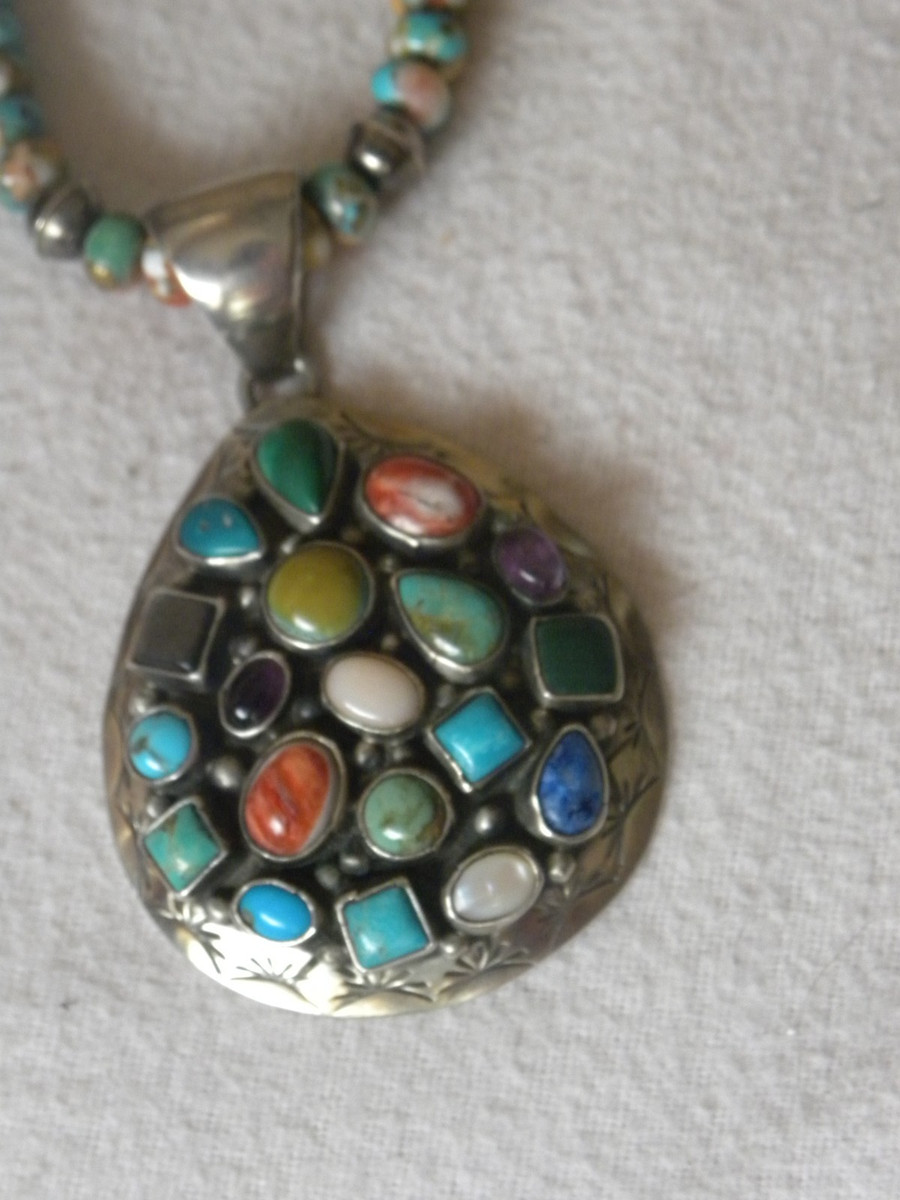 TURQUOISE MULTISTONE STERLING PENDANT & BENCH MADE BEAD NECKLACE 19" | eBay US