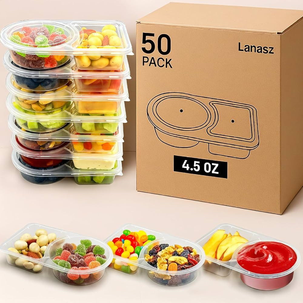 50 Sets Reusable snack containers with lids, Disposable Double Compartment Plastic Container for ... | Amazon (US)