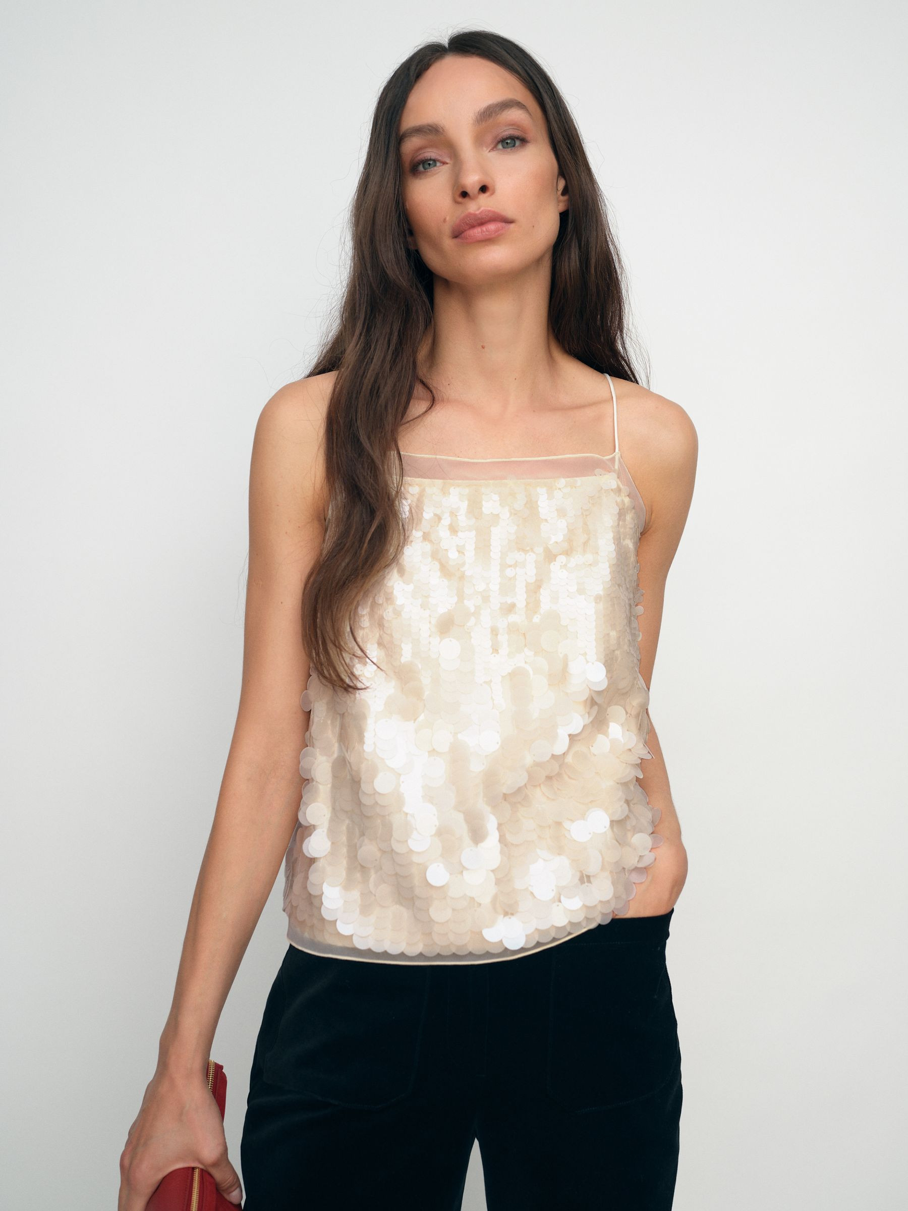 Sequin Cami Top in Cream | Reiss UK