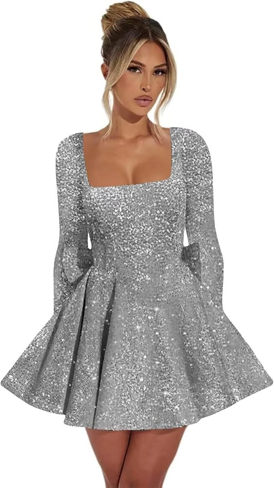 Long Sleeve Sparkly Sequin Homecoming Dresses for Teens Short Square Neck Mini Formal Cocktail Pa... | Amazon (US)