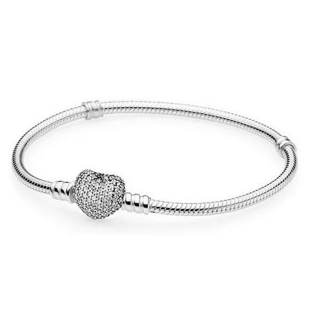 oments Women s Sterling Silver Snake Chain Charm Bracelet with Pave Heart Clasp | Walmart (US)
