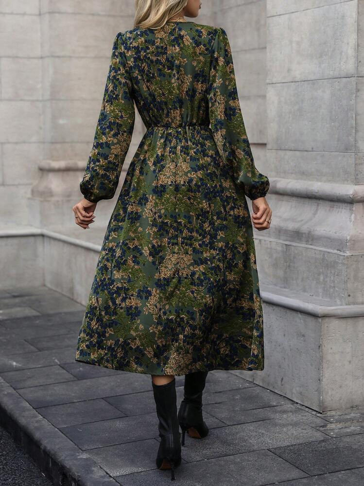 SHEIN Clasi Women's Fall Floral Print V-Neck Lantern Sleeve Dress, For Vacation Maxi Women Outfit | SHEIN