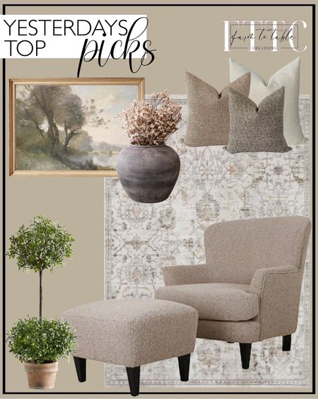 Yesterday’s Top Picks. Follow @farmtotablecreations on Instagram for more inspiration.

Hartshorn 2-pc Curved Slope Arm Chair. JCPenney Finds. Faux Boxwood Topiary. Bonney Performance Gray Loloi Rug. Muted Green Landscape Art Print, Farmhouse Wall Art, Riverside Painting, Soft Tones Printable Digital Art, Digital. Brown and Cream Crystal Grass. Serene Pillow Cover Set | Pillow Cover Combo, Fall Pillow Covers, Brown Pillow Covers, Neutral Pillows. Hackner Home. 

#LTKsalealert #LTKfindsunder50 #LTKhome